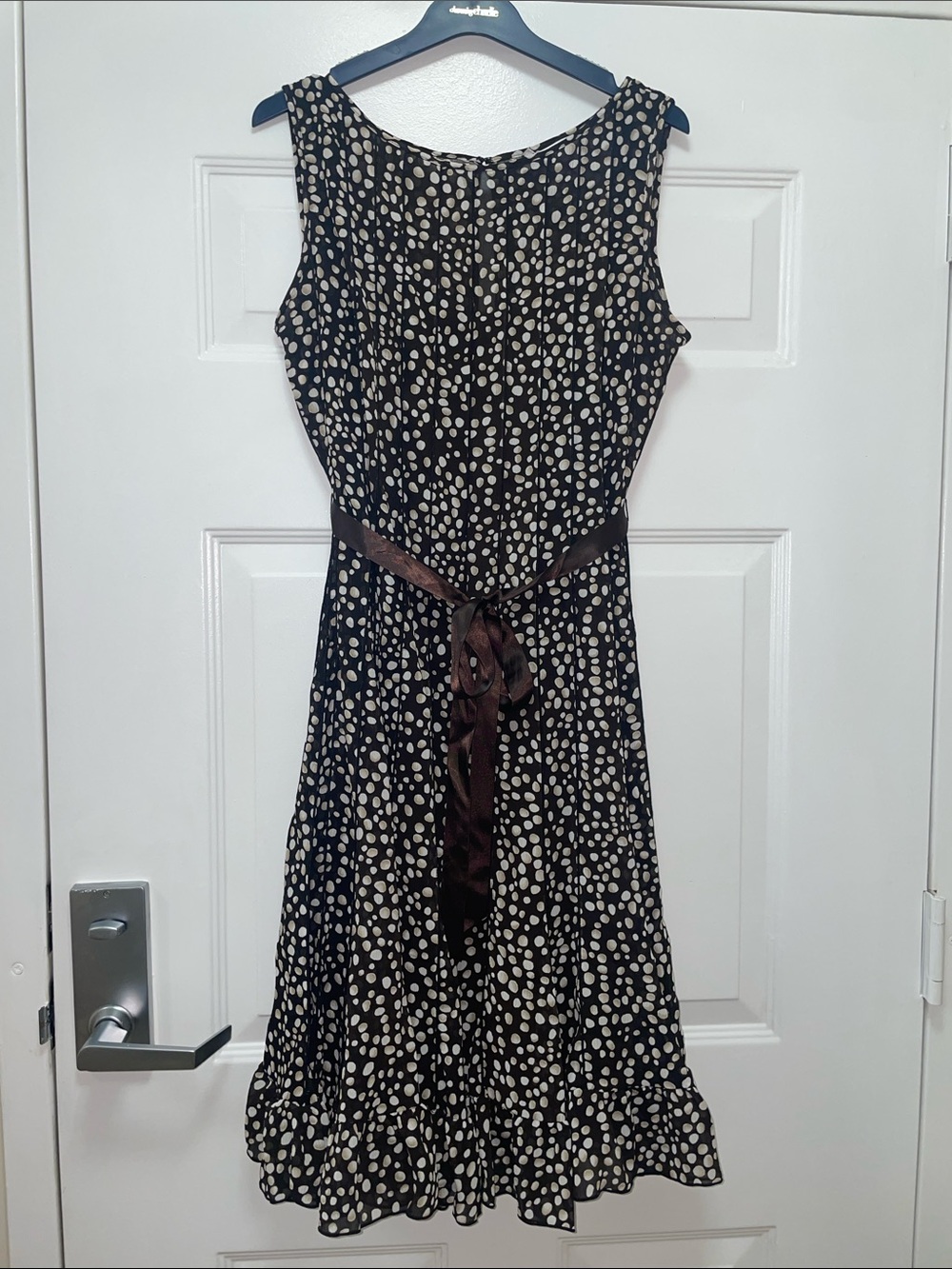 Sleeveless Brown and Cream Polka Dot Midi Dress with Waist Tie